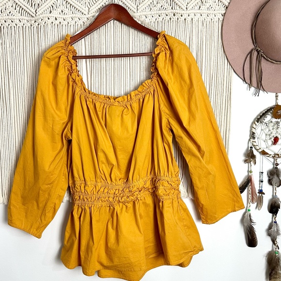 Ashley Stewart Cotton Cinch Waist Off Shoulder Yellow Top Size 14/16 - Picture 2 of 8